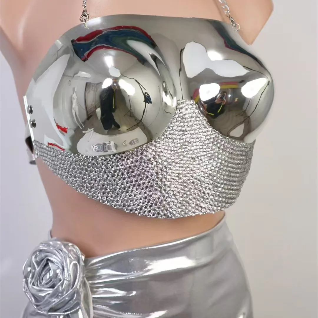 ملهى ليلي بار المرأة المغني مثير المرحلة ارتداء الذهب الفضة الراين حمالة تنورة صغيرة 2 قطعة مجموعة تظهر سحب الملكة زي #6