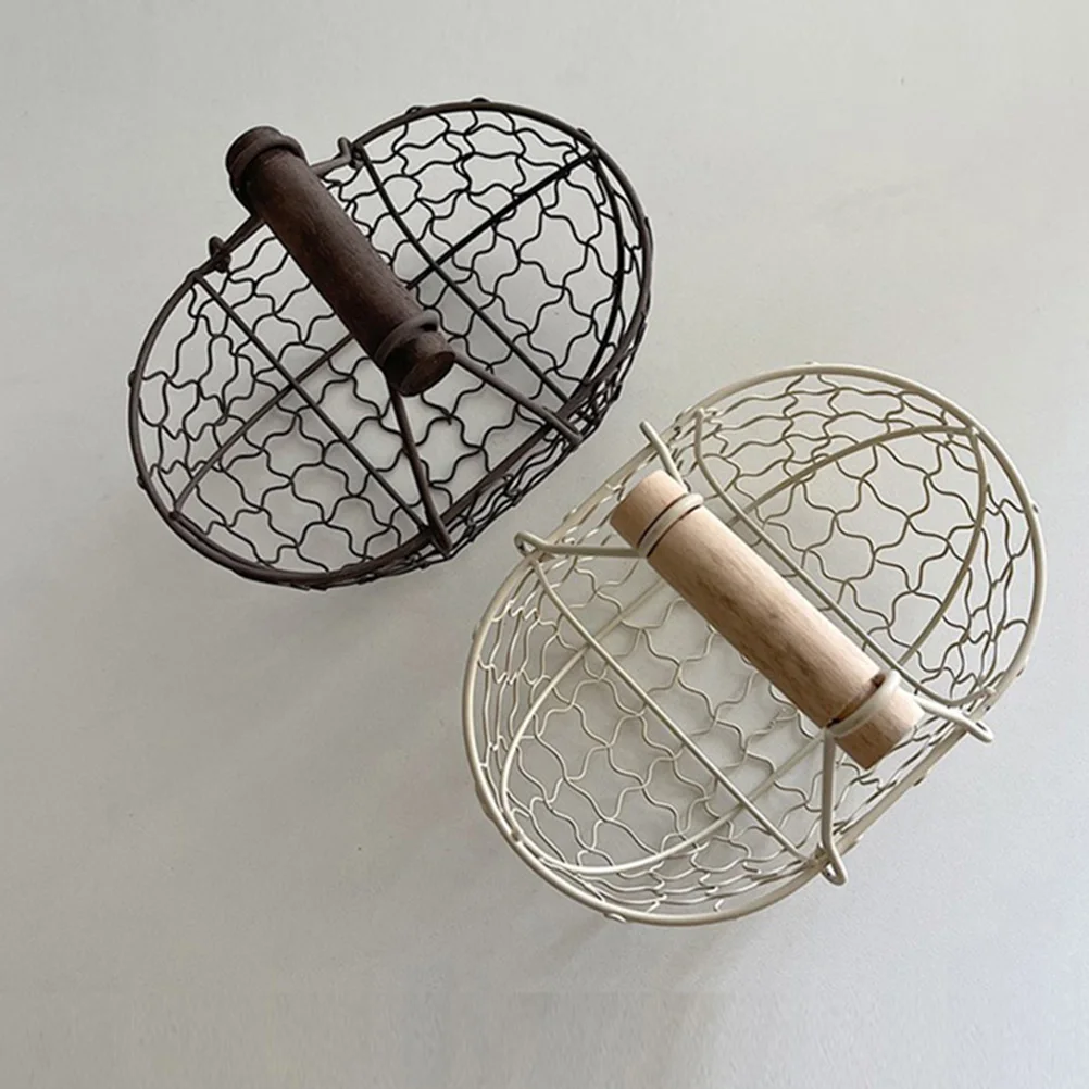 

2 Pcs Iron Wire Storage Basket Retro Decor Metal Fruit Kitchen Wooden Handle Wrought Egg Container Home Decor Gift
