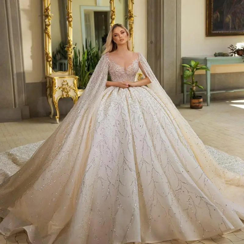 

Gorgeous Dubai 2024 Wedding Dresses With Cape Sleeve Bridal Gowns Ball Gown Beading Crystal Arabic Vestido de Noiva Plus Size