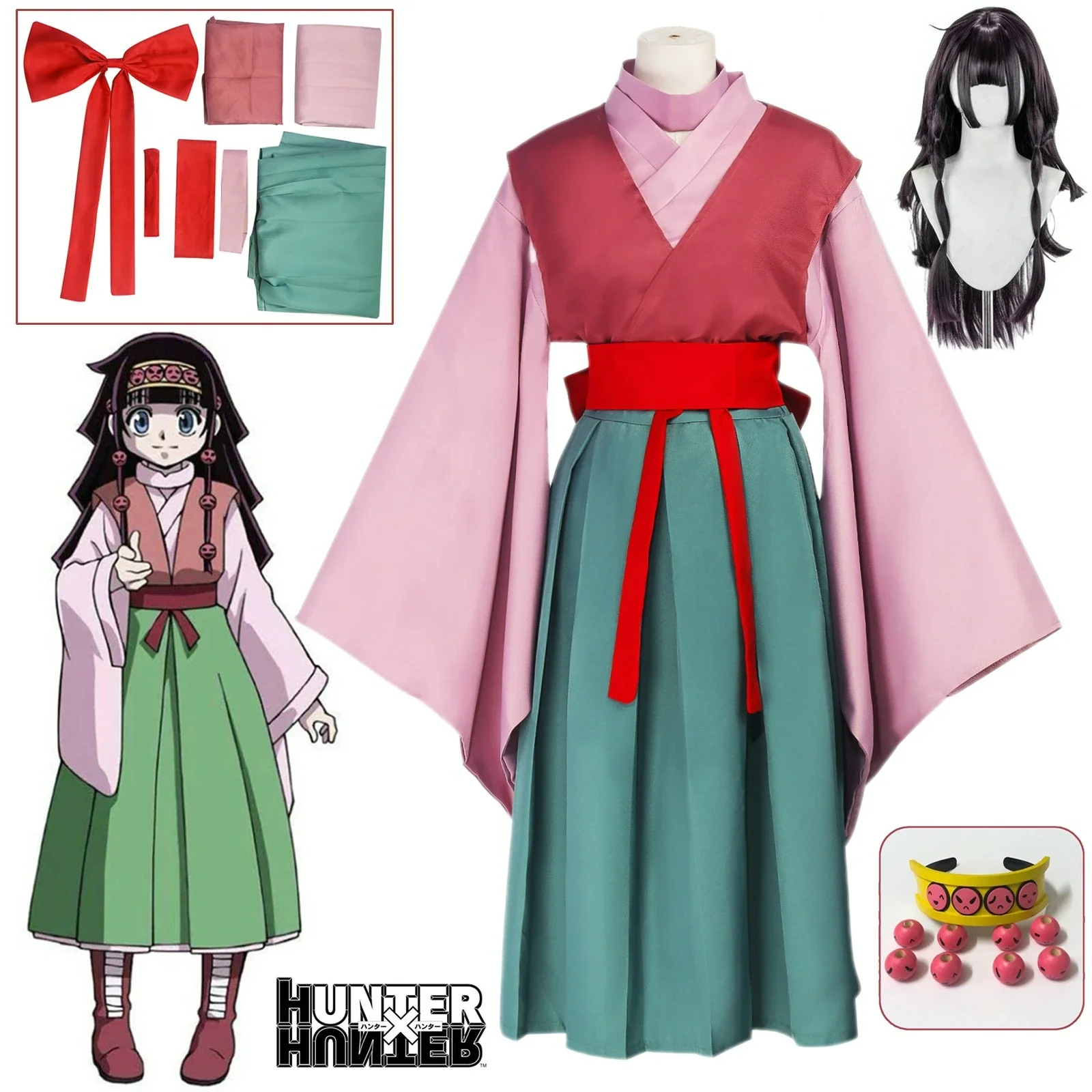 Anime Alluka Zoldyck Cosplay Costume Aruka Zorudikku Pink Green Japanese Kurapika Kimono Wig Headwear Halloween Party Women Cos