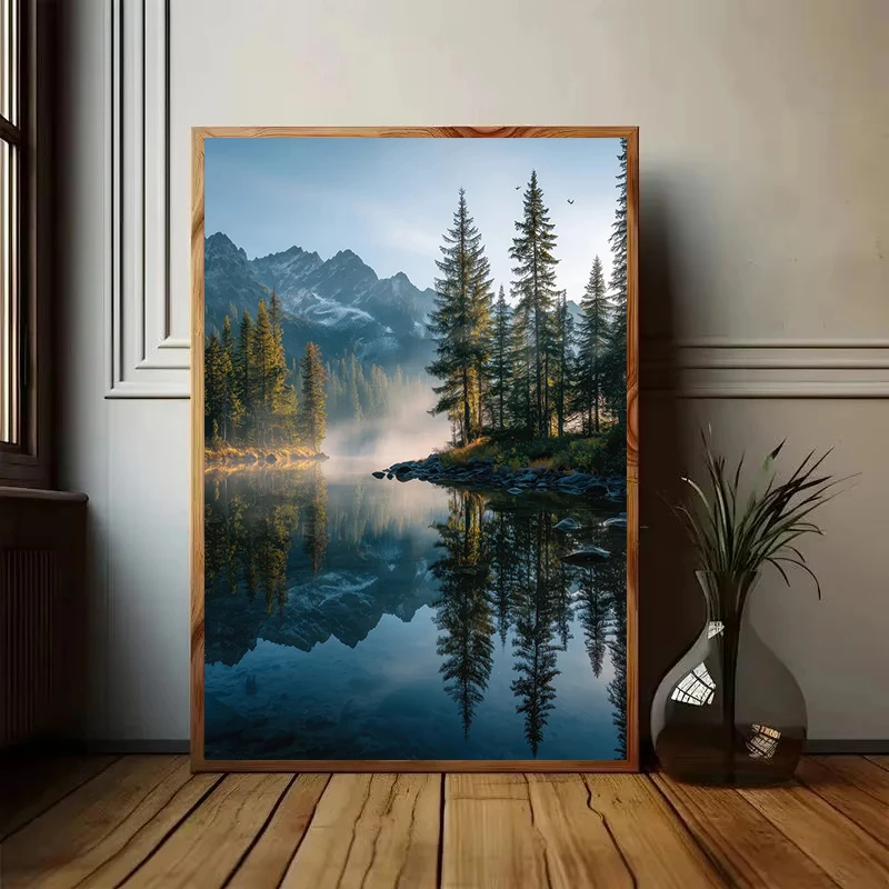Sunrise Misty Forest Lake Landscape Green Tree Mountain Poster Canvas Painting Print Wall Art Picture for Living Room Home Decor