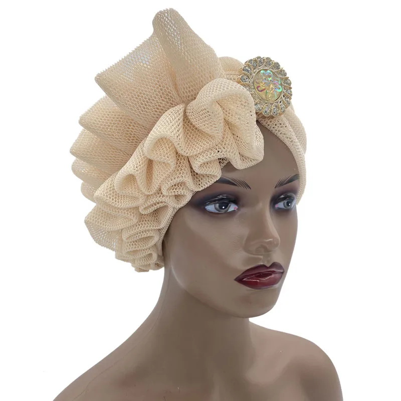 2022 Summer New Mesh Women's Turban Cap with Side Ruffles Design Already Made African Headtie Nigeria Auto Geles Lady Head Wraps