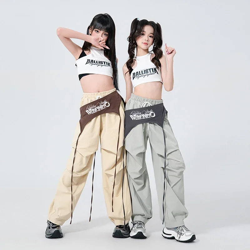 

Jazz Dance Clothes White Crop Tops Cargo Pants Kids Party Rave Set Girls Hip-hop Performance Clothing K-pop Stage Outfits