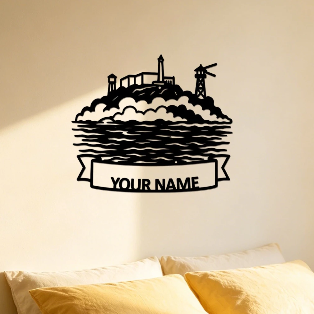 Custom Name Island Prison Lighthouse Metal Wall Art, Watchtower Ocean Waves Metal Sign, Indoor Home Living Room Wall Decoration
