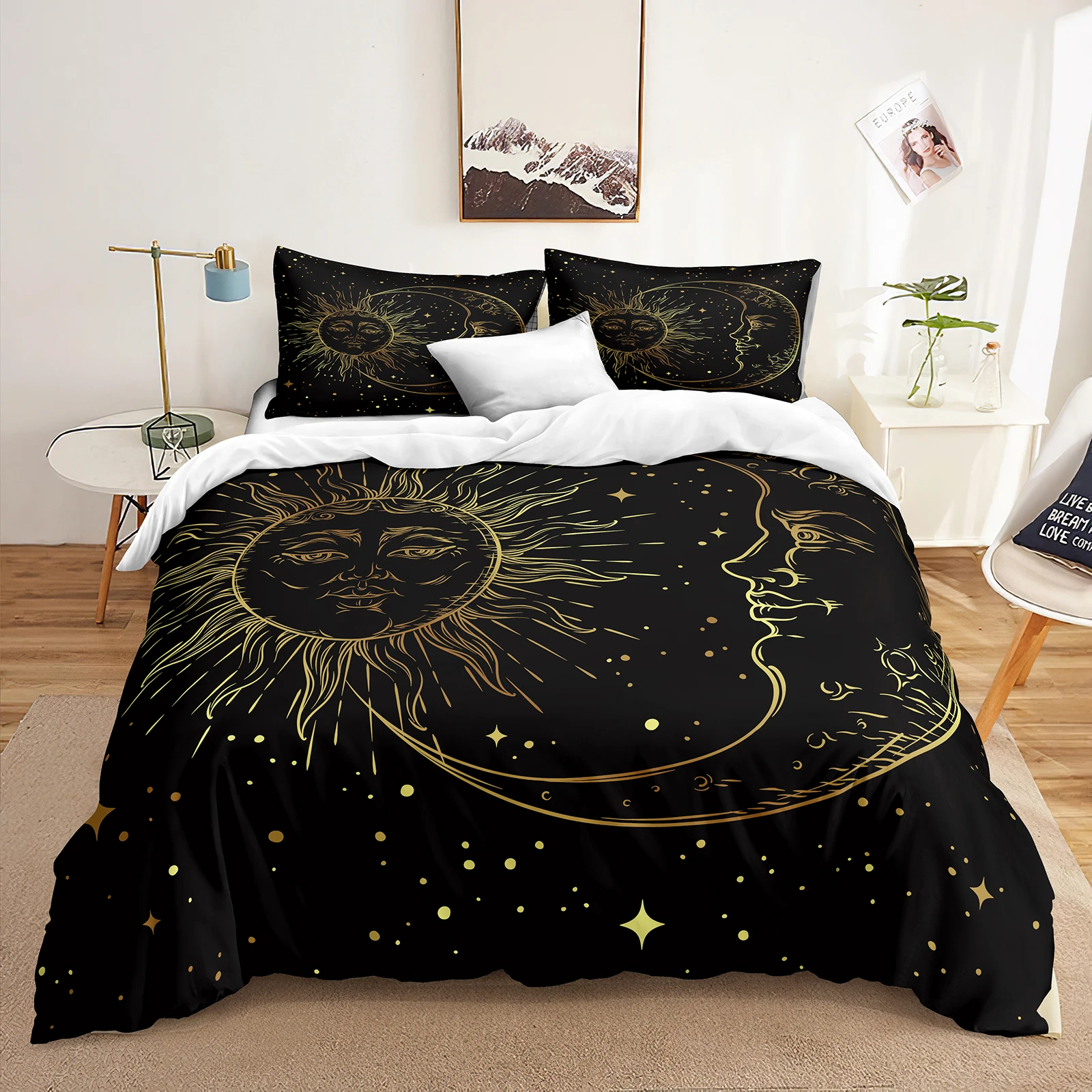 Black Mysterious Duvet Cover Set Golden Moon Sun Star Printed Bedding Set Bohemian Starry Sky Quilt Cover Set Soft Boys Bedding