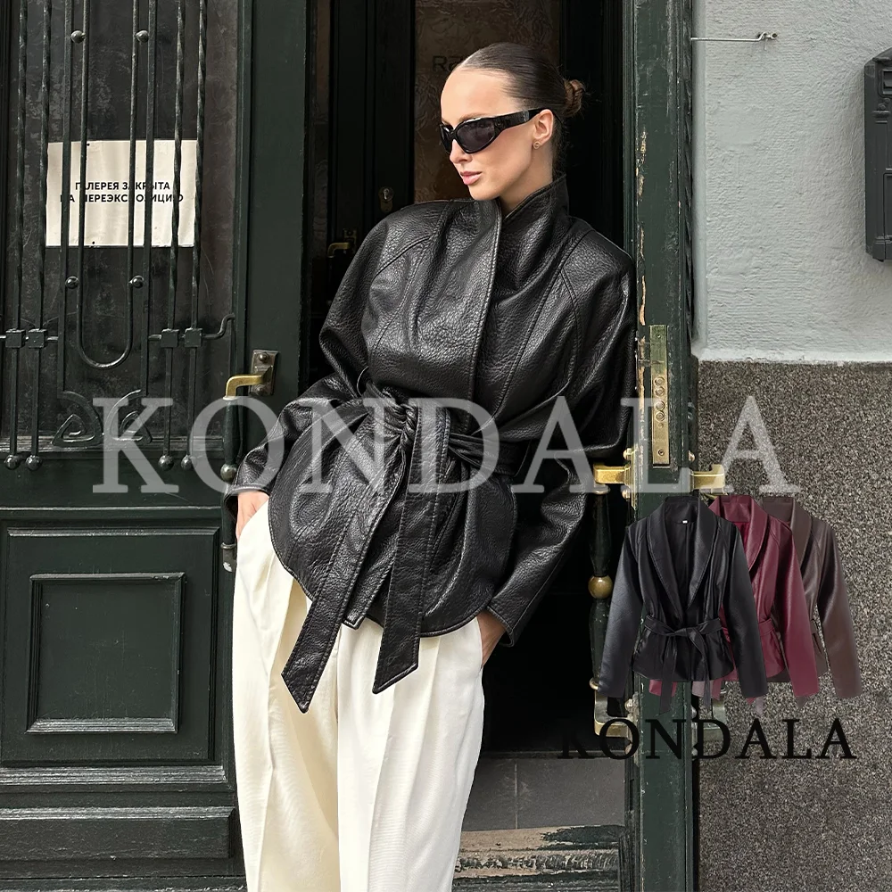 KONDALA Damen Elegante Gürtel-PU-Lederjacke Mantel Vintage Street Style Offene Jacke 2026 Herbst Winter Schicke Pendler-Damenjacke