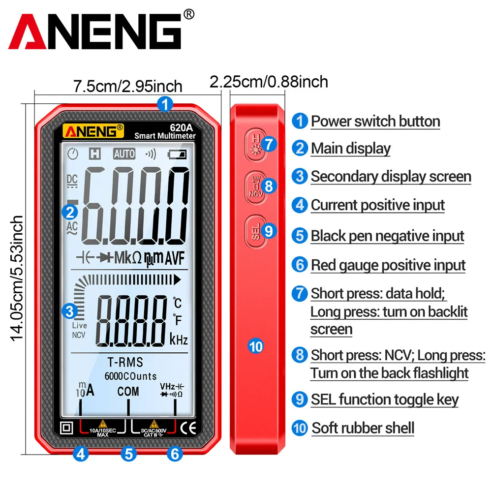 ANENG 620A Digital Professional Smart Multimeter AC/DC Voltage Meter Electrical Capacitance Meter Temp Ohm Current Tester Tools