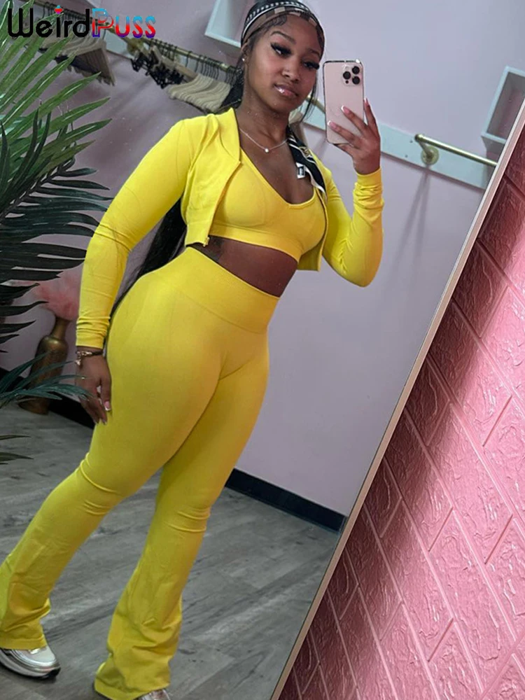 

Женский Повседневный комплект из 3 предметов, короткий топ на молнии с длинным рукавом и расклешенные брюки