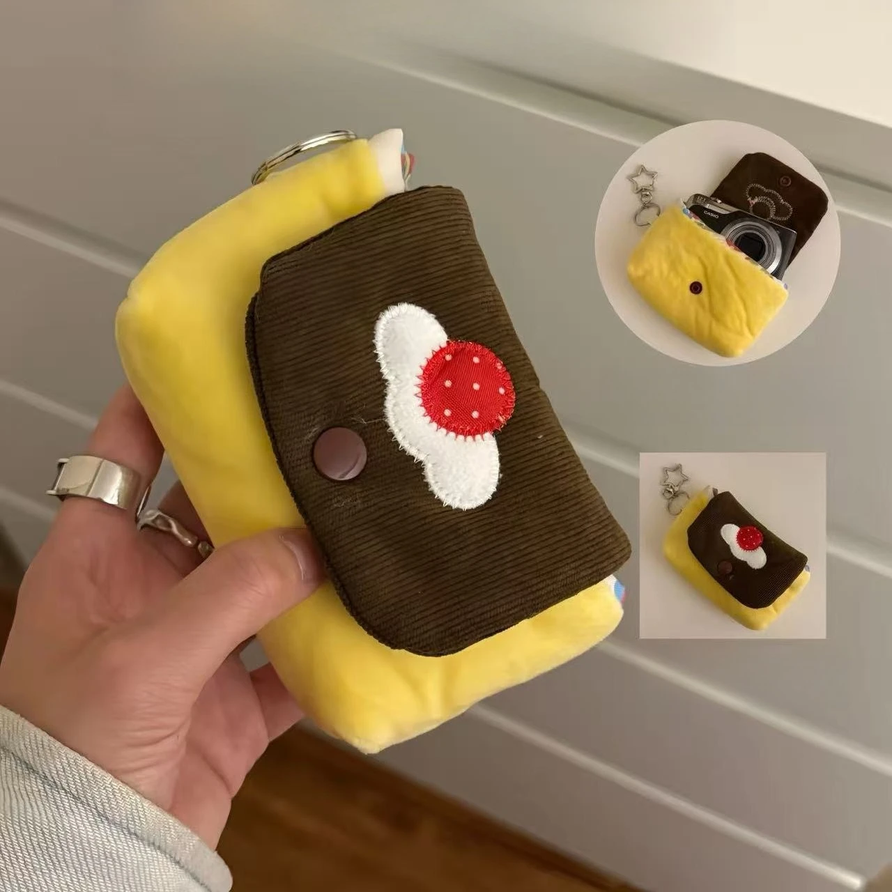 Classic Japanese Pudding Style Fluffy Desk Storage Pouch, Kawaii Desktop Organizer with Coin and Card Holder