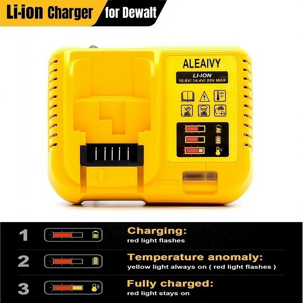 

ALEAIVY 2A Lithium Battery Charger For Dewalt 10.8V 12V 14.4V 18V 20V DCB206 DCB205 DCB204 DCB203 DCB120,DCB107 DCB115 DCB105