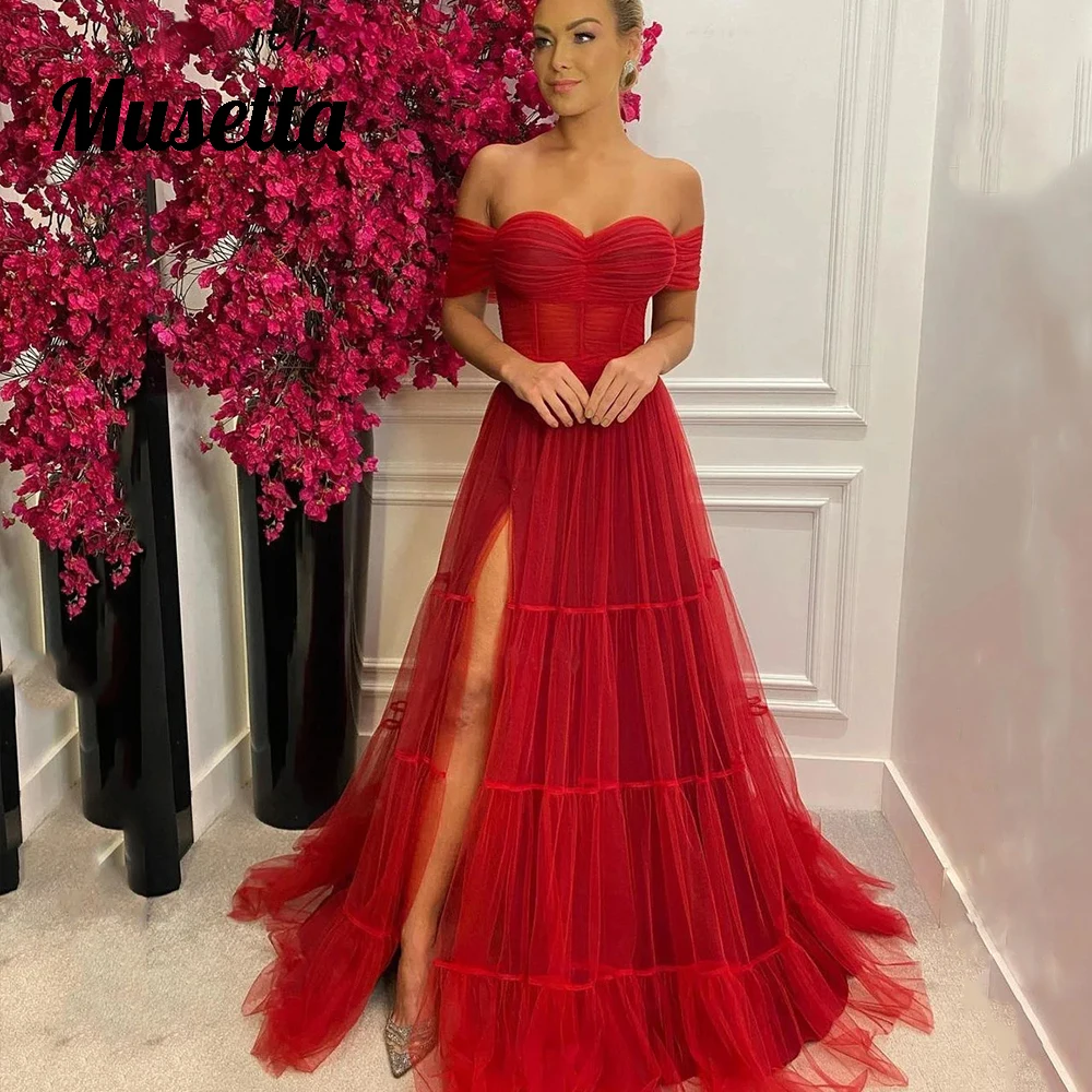 

Musetta Celebrity Off Shoulder Evening Dress 2024 Tulle Side Slit A-Line Party Prom Gowns Floor Length For Women Robe de Soiree