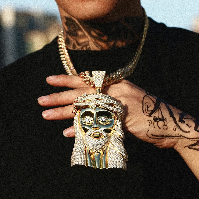 

Iced Out Hip Hop Jewelry Big Size 18K Gold Plated Brass AAAAA CZ Diamond Jesus Pendant Necklace With Cuban Link Chain For Men