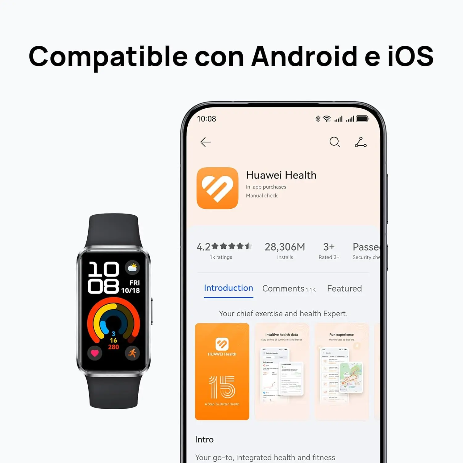 Smartwatch Huawei Band 10, compatibile con IOS e Android, monitoraggio del sonno, monitoraggio della salute, durata della batteria di 14 giorni