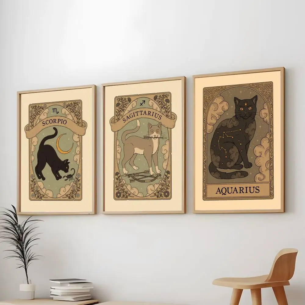 The Twelve Zodiac Signs Cat Painting Calligraphy Modern Aesthetic Wall Art Print Trendy Bedroom Home Decor Gift