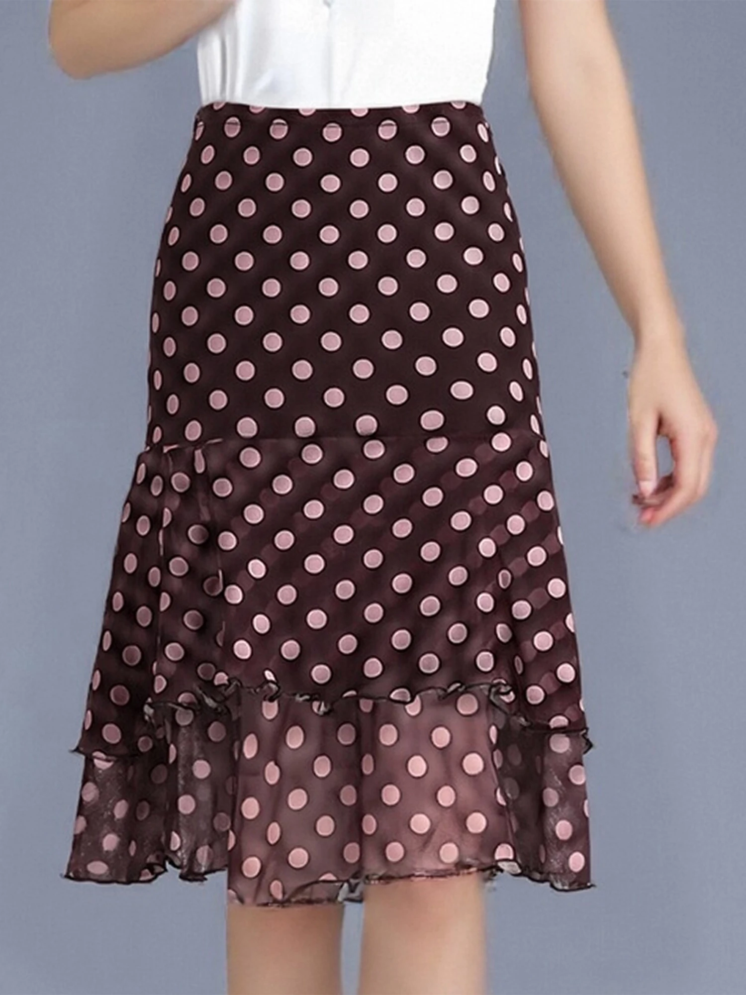 Women s Polka Dot Pleated Midi Skirt Stylish Tiered Ruffle Detail Loose Fit Knee-Length Skirt for Everyday Wear Office Vacation