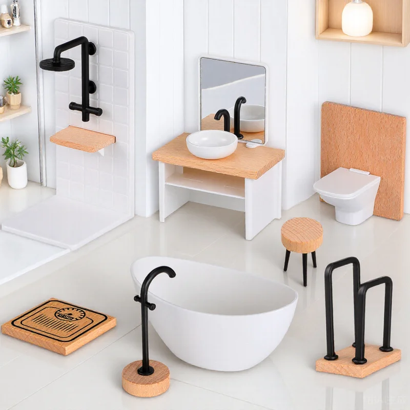 

1Set Simulated Mini Furniture Dollhouse Bathroom Set Realistic Scale 1:12 Wooden Plastic Accessories for Home Decor Kids Play