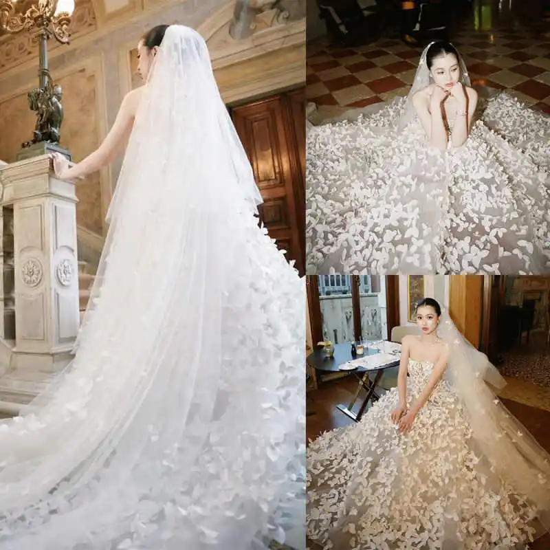

Butterfly Flowers Applique Long Cathedral Length One Layer Tulle Custom Made Bridal Veils Accessories Customized