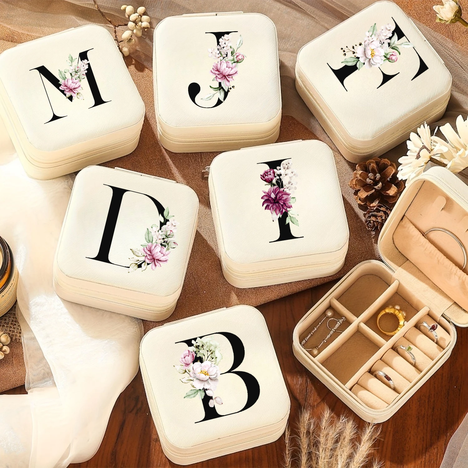 

A-Z Alphabet Print Beige Travel White Storage Box, Jewelry Box with Zipper Closure and Fabric Lining