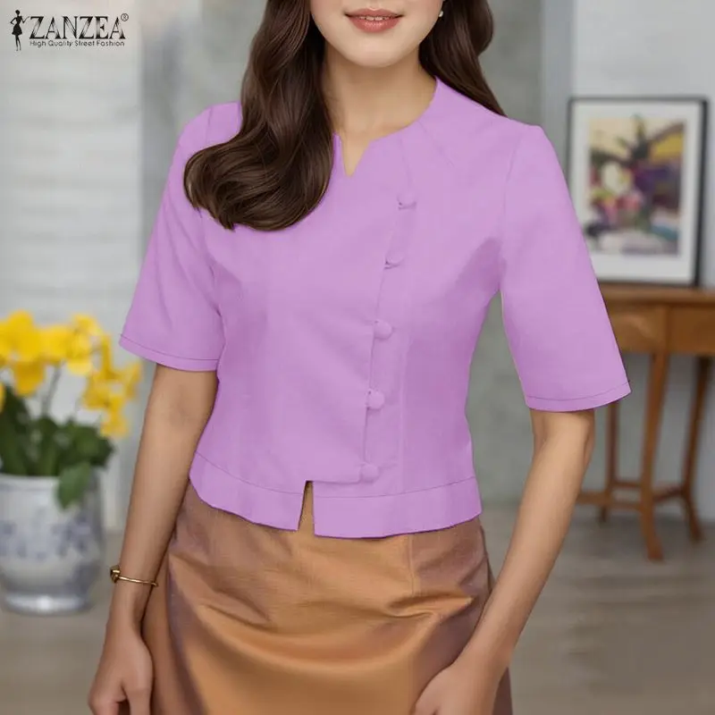 

ZANZEA Woman Elegant Princess Seams Blouses V-Neck Short Sleeve Button Up Short Shirt Summer Vintage Solid Color Blusas de Mujer