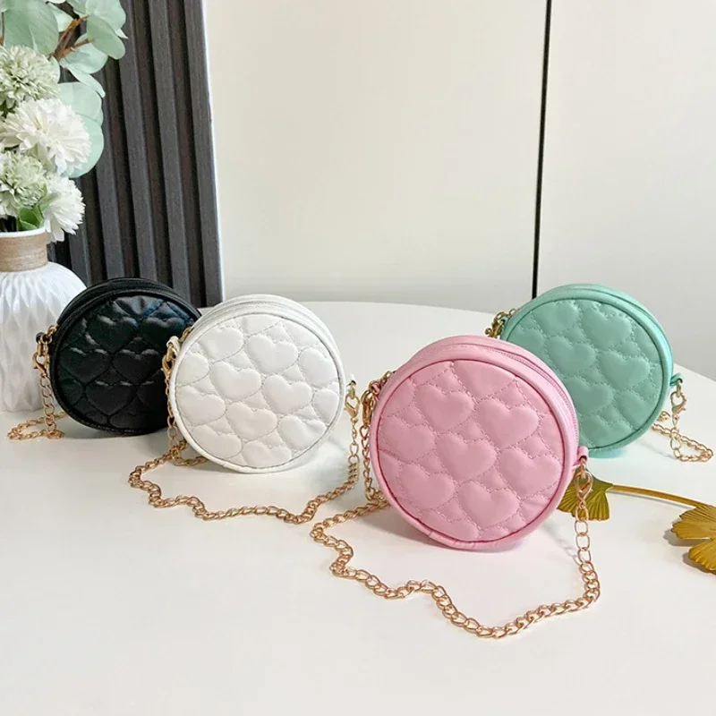 Kids Small Round Bag Cute Love Heart Pattern Sewing Thread Chain Crossbody Bag Fashion PU Girls Mini Messenger Bag Coin Purse