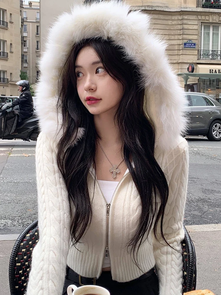 Cuteandpsycho Zip Up Solid Hoodie Coat Chic Y2K Korean Women's Jackets Knitted Cardigan Solid Color Streetwear Fur Neck Clothes