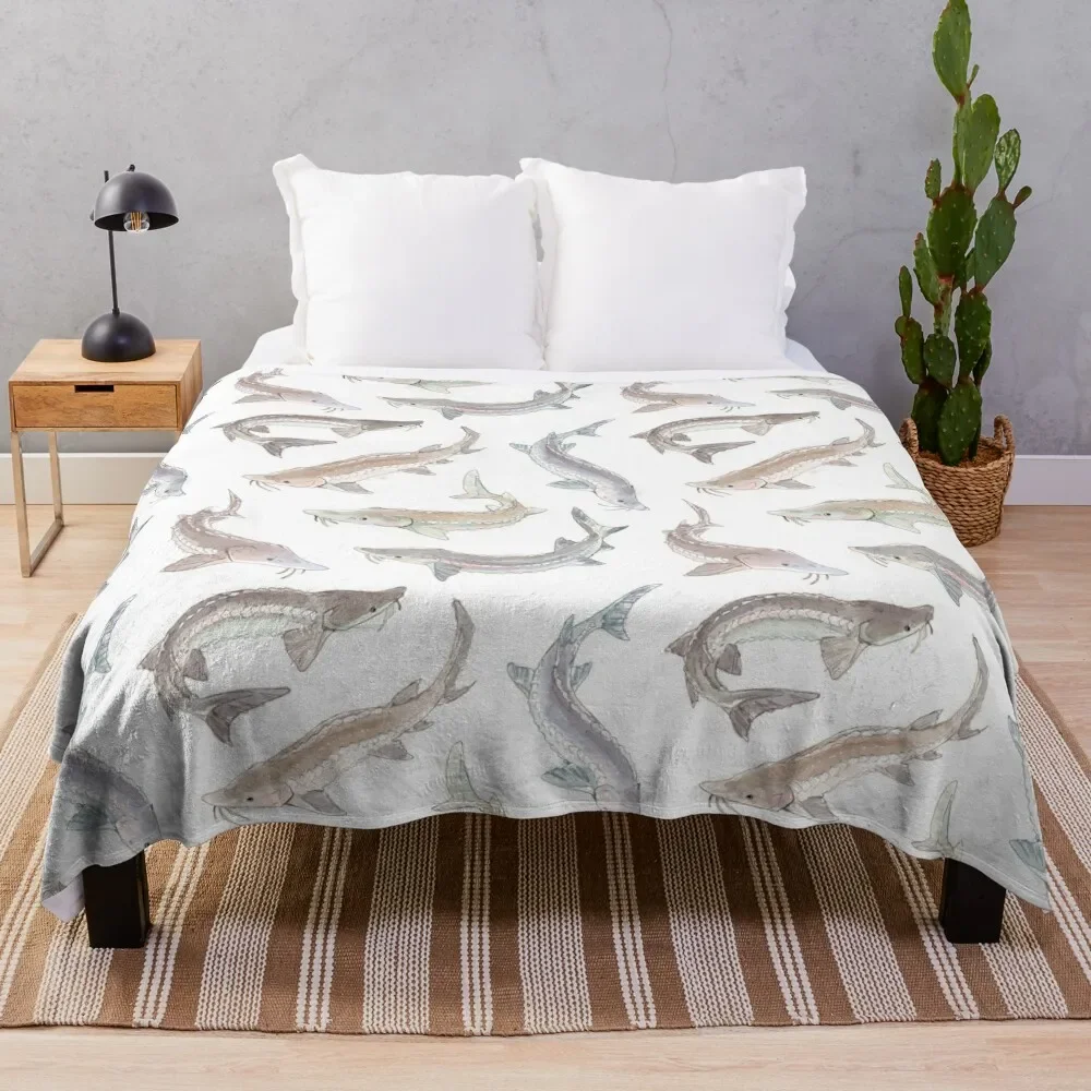 

Watercolor white sturgeon Throw Blanket Cozy Microfiber Throw Blanket for Home Bedroom