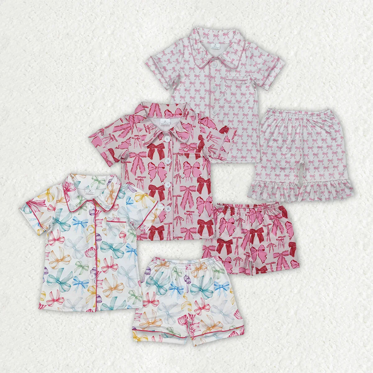 Wholesale Children Infant Pajamas Outfit Sleepwear Baby Girl Short Sleeves Pockets Buttons Shirts Nightclothes Bows Shorts Set