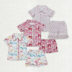 Wholesale Children Infant Pajamas Outfit Sleepwear Baby Girl Short Sleeves Pockets Buttons Shirts Nightclothes Bows Shorts Set