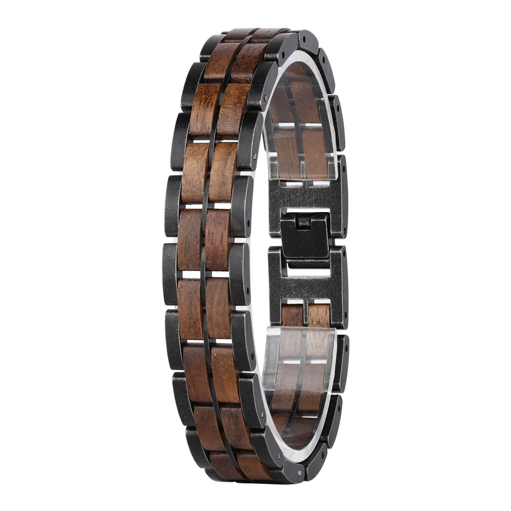 Men's Classic Steel Wooden Bracelet with Jewelry Clasp Fashion Wrist Band