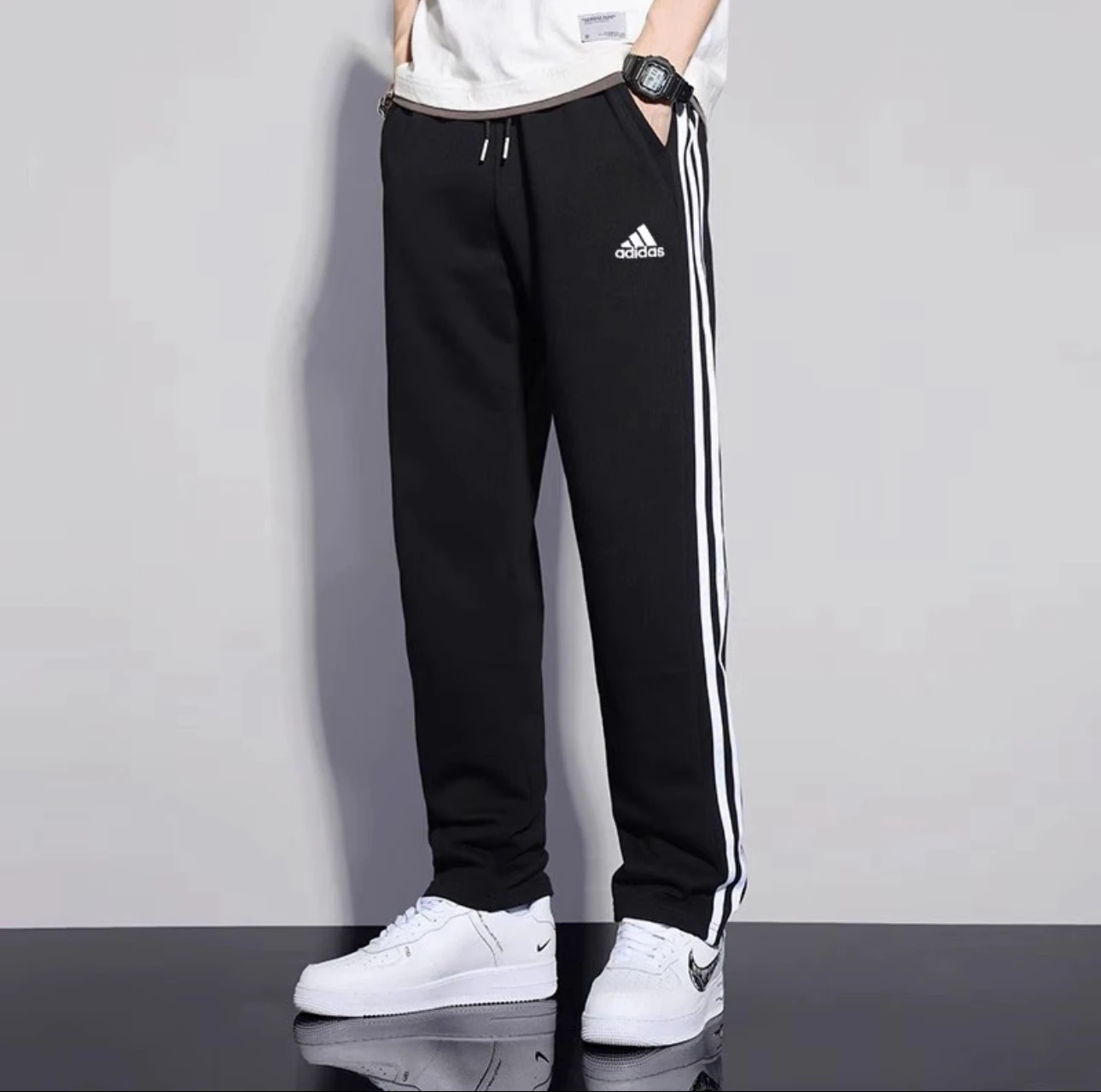 

Adidas ESSENTIALS Retro Sports Stripe Logo Cone Knitted Sports Pants Men's Black IC0044