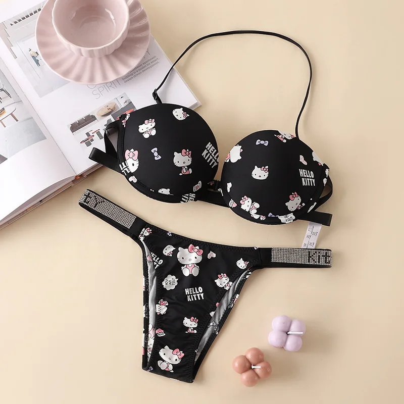 Hello Kitty New Cartoon Strapless Strap-On Bra and Panties Set Low-Waisted T-Pants Rhinestone Letter Panties Cute Sweet Gift view 4