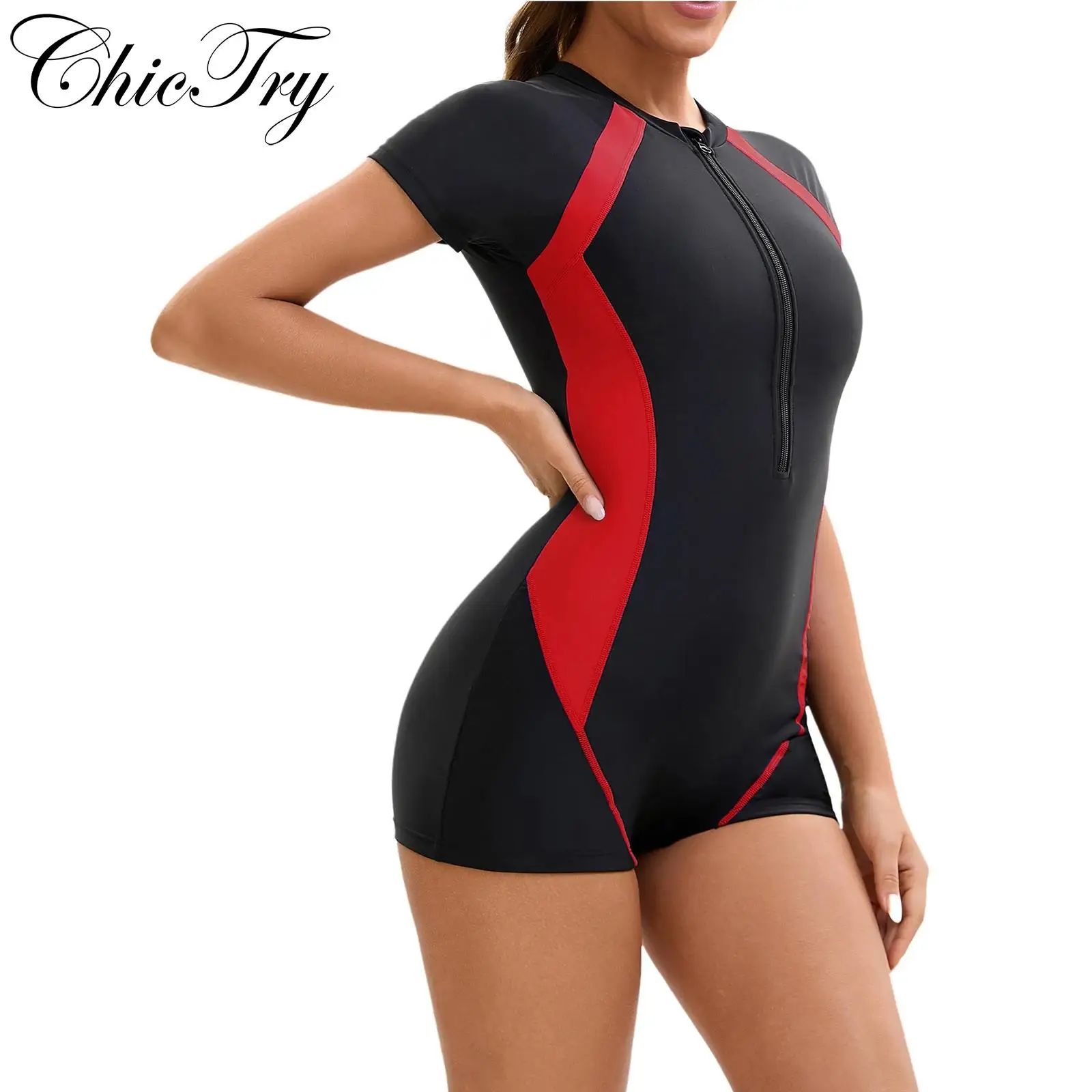 

Womens Swim Leotard One-Piece Rash Guard Swimsuit Beachwear Swimwear Romper Front Zipper Jumpsuit Surfing Swimming Bathing Suit