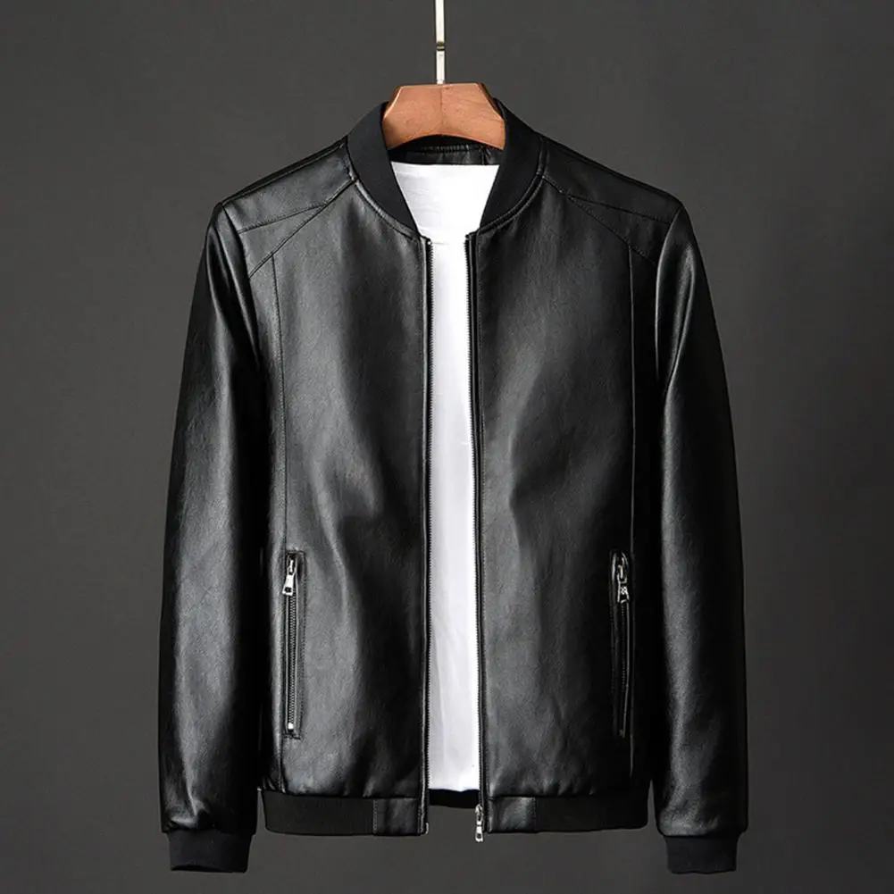 Faux Leather Coat Stylish Men's Faux Leather Motorcycle Jacket with Stand Collar Pockets Solid Color Elastic Hem Coat for A