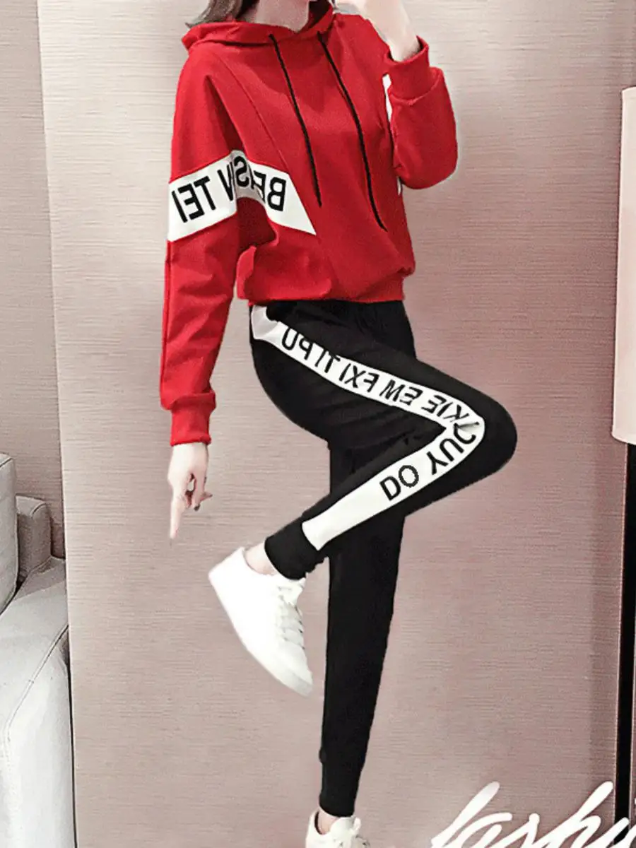 

Весенне-осенний женский спортивный тонкий комплект с капюшоном, модный корейский студенческий костюм из двух предметов, легкий модный наряд