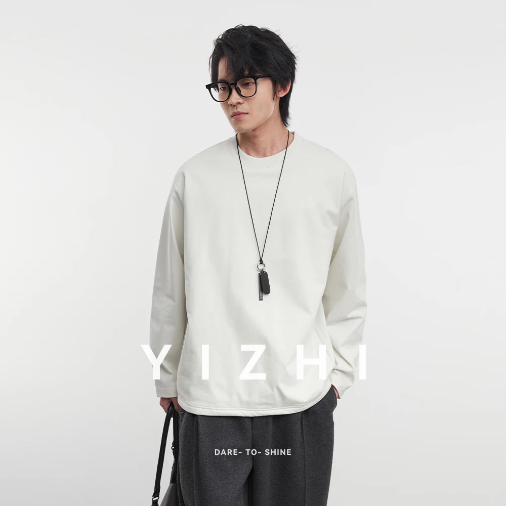 

Fashion Men's Solid Color Round Neck Japanese Long-sleeved T-shirt 2025 Winter New Loose Casual Tops Bottoming Shirt Pullover