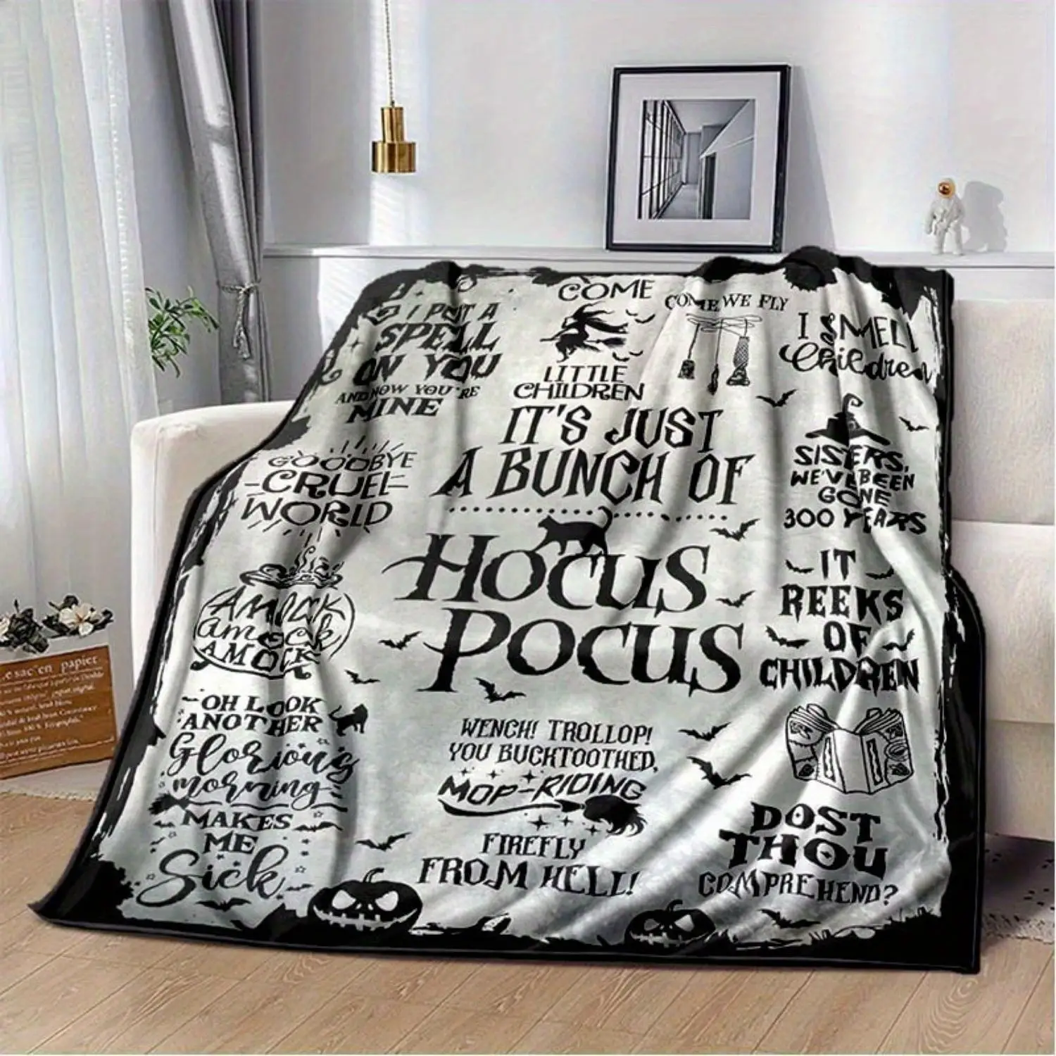 Hocus Pocus Themed Halloween Blanket - Soft Cozy Polyester Fiber for All Seasons, Witch Quotes Design Throw for Car & Camping