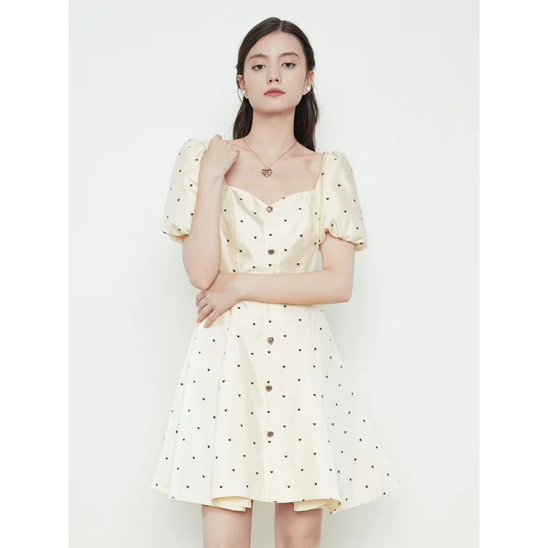 

Women Square Neck Dress Sweet Heart Pattern Jacquard Female Puff Sleeve Mini Dresses for 2024 Spring New