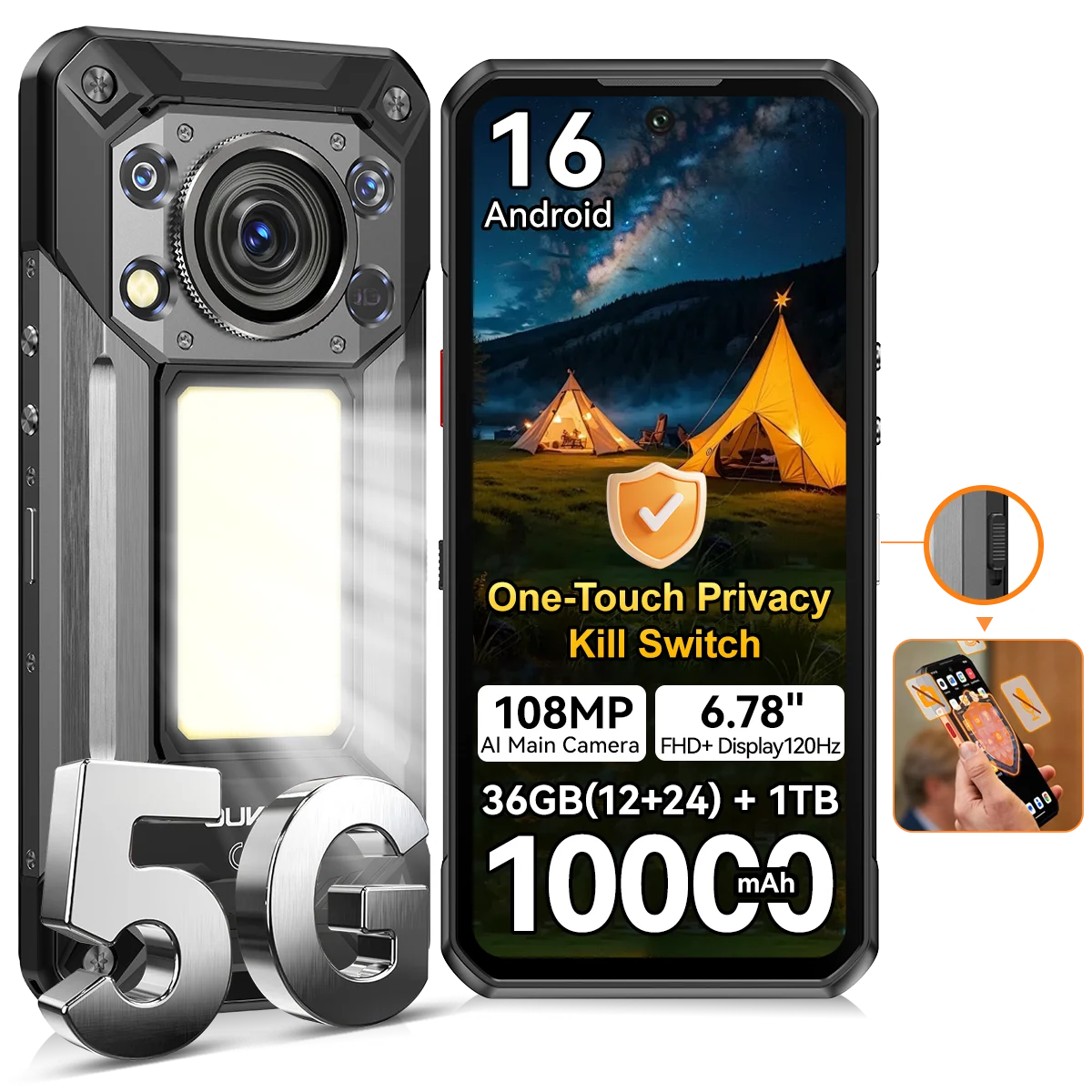 Smartphone Robusto 5G OUKITEL WP500, Schermo FHD+ da 6,78 pollici, RAM 36GB (12GB +24GB) + Memoria 1TB, Grande batteria 10000mAh, Torcia da campeggio