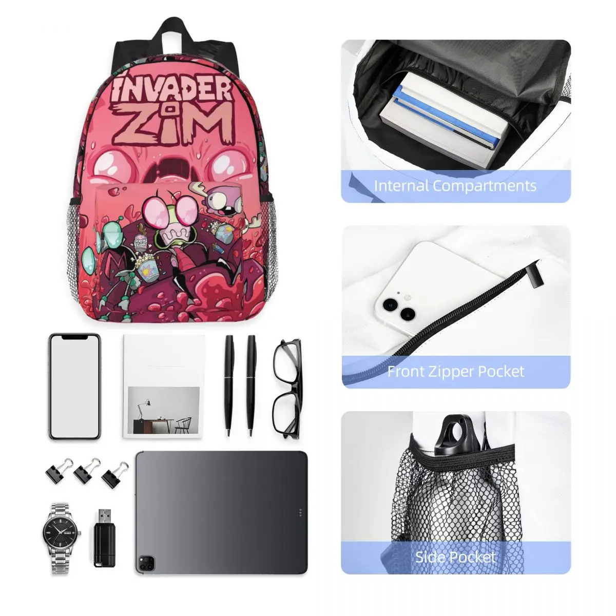 غزاة Zims أنيمي الكرتون الغريبة على ظهره طالب بنين بنات BookBag أطفال حقيبة مدرسية حقائب كتف الكمبيوتر للرجال والنساء