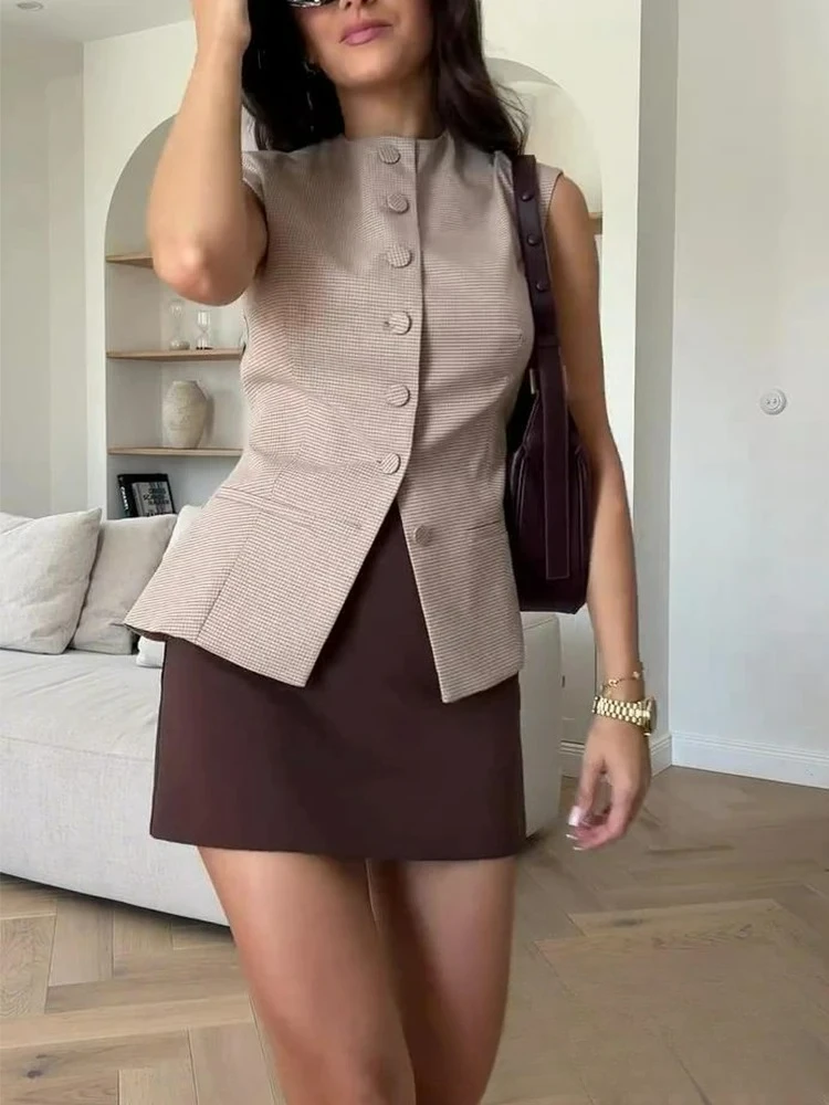 

KONDALA винтажный повседневный шикарный офисный женский пиджак женский клетчатый однобортный пиджак без рукавов с круглым вырезом модный осенний пиджак 2024