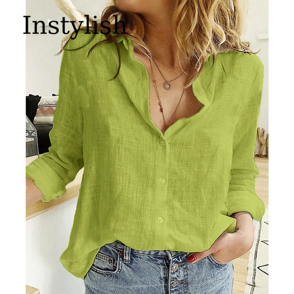 Elegant Cotton Linen Shirts Women Casual Solid Button Lapel Blouses Shirts Autumn Winter Long Sleeve Loose Tops Tunic Blusas