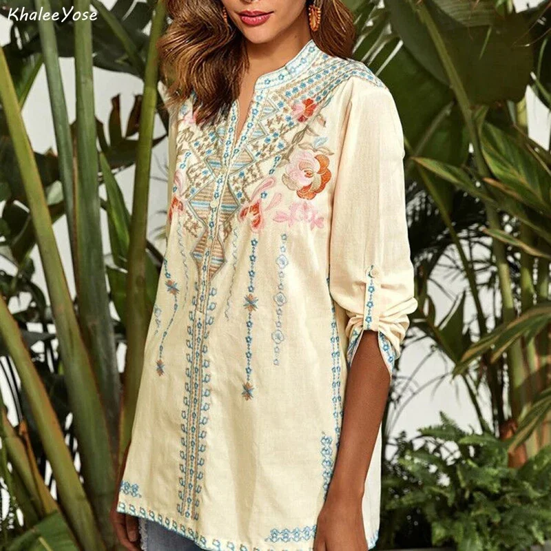 KHALEE YOSE Vintage Floral Embroidery Blouses Shirt Boho Mexican Shirts Autumn Long Sleeve 2xl 3xl Ethnic Hippie Woman Tops