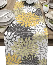 Yellow Grey Dahlia Flower Linen Table Runners Wedding Decor Party Country Decor Dining Antifouling Table Runners