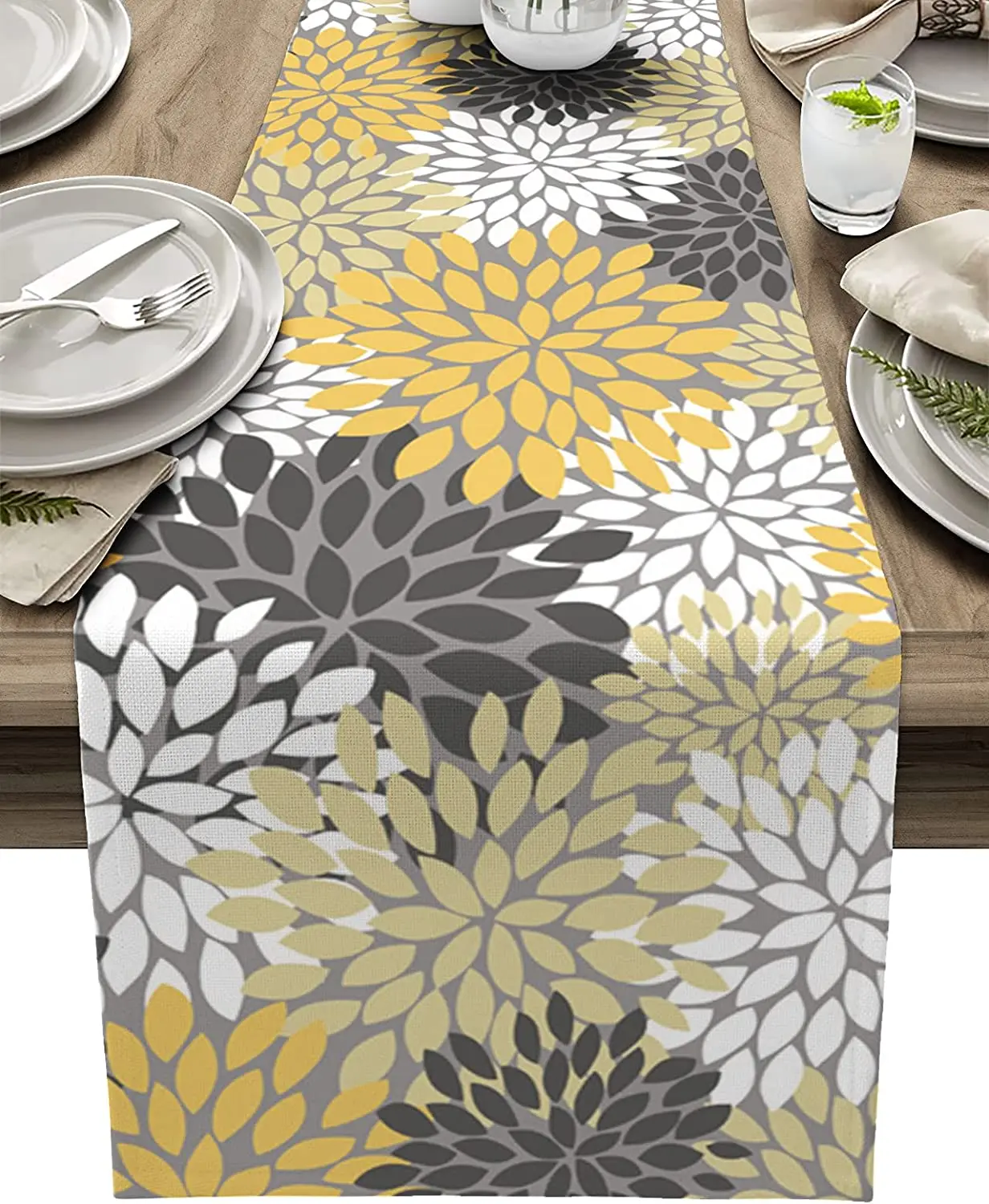 Yellow Grey Dahlia Flower Linen Table Runners Wedding Decor Party Country Decor Dining Antifouling Table Runners