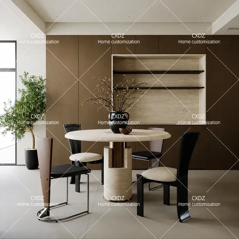 Travertine Small Round Table and Chair Set for Hotel Lobby Reception Milk Tea Shop Western Restaurant Home Use Marble Style
