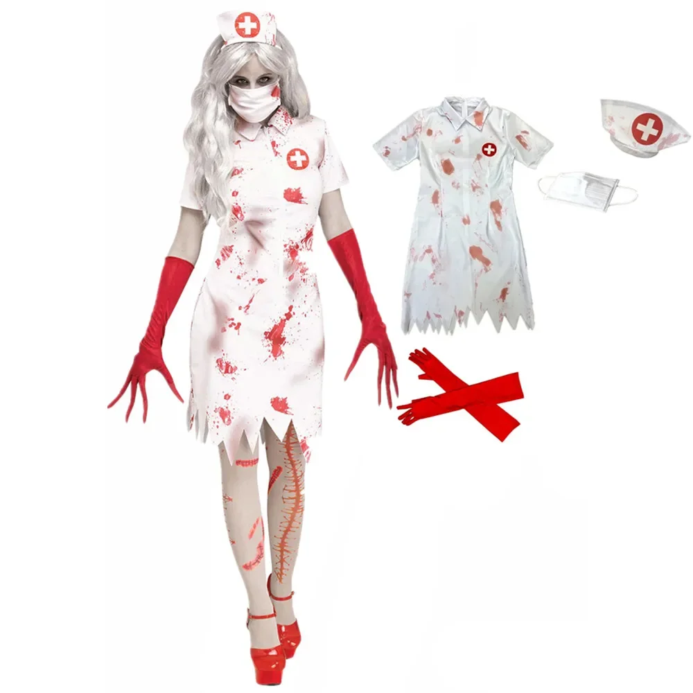 Halloween Cosplay Nurse Costume Horror Bloody Vampire Zombie Uniform Adult Women Carnival Purim Party Fancy Dress Up