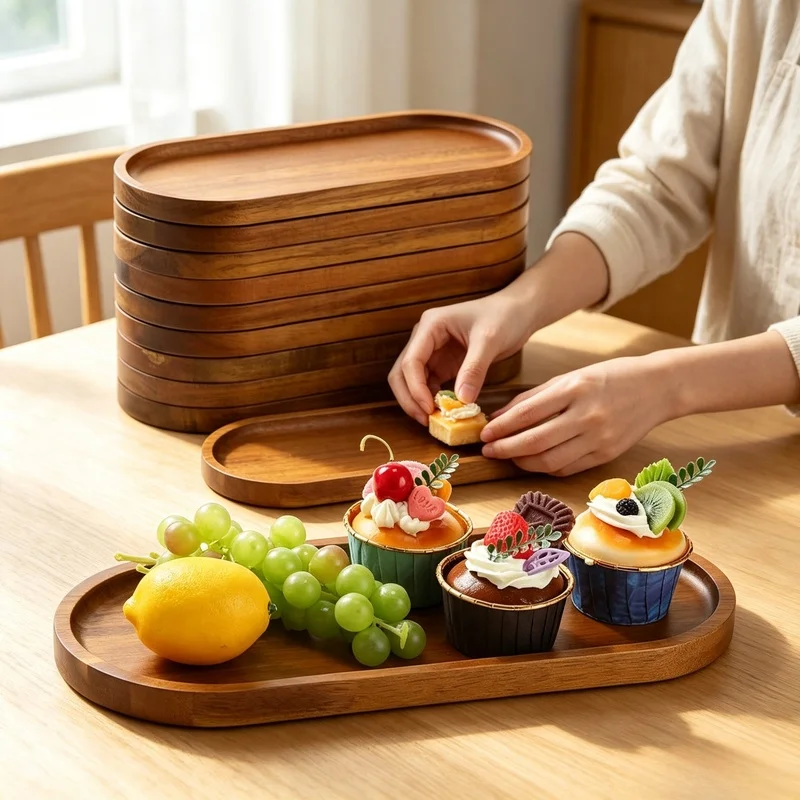 Japanese Style Solid Wood Serving Tray Round Rectangular Fruit Bread Board Tea Cup Saucer Snack Dessert Food Storage Plate