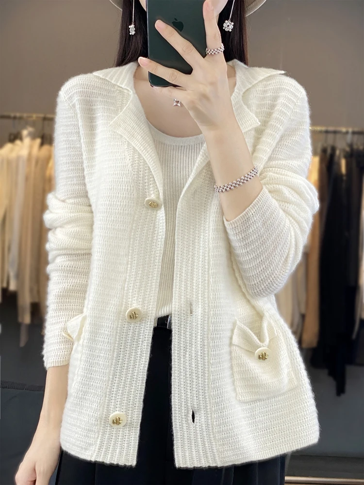 100% Merino Wool Women Sweater Turn-down Collar Cardigan Spring Autumn Soft Cashmere Knitted Coat Office Lady Grace Clothing