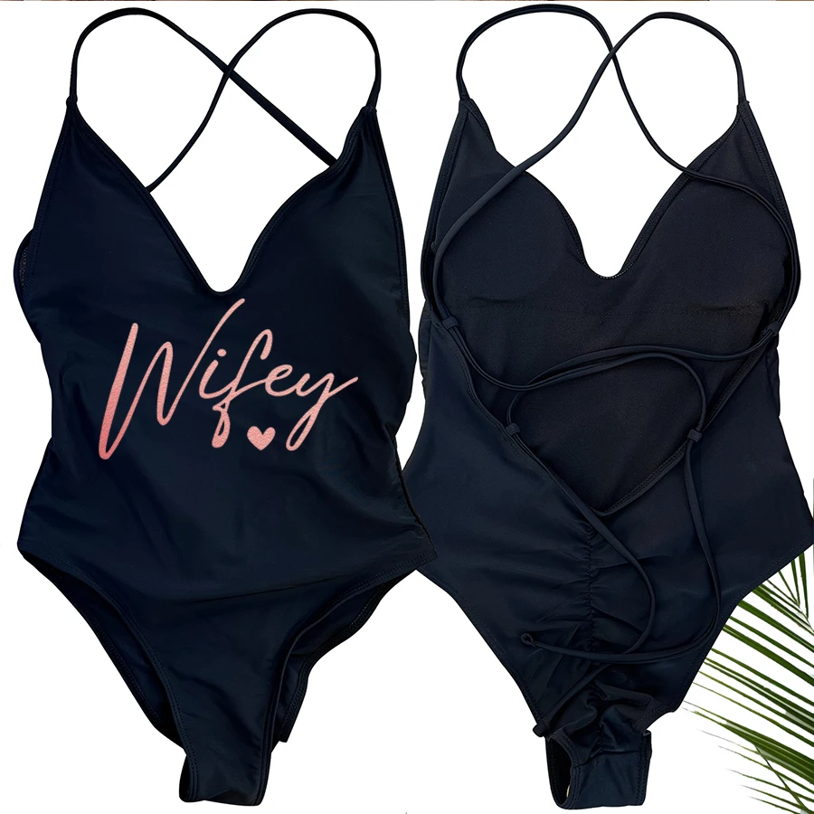 Sexy Padded Wifey One Piece Swimsuit Bride Swimwear Women Backless Rose Gold Bathing Suit Summer Beachwear Monokini Thong