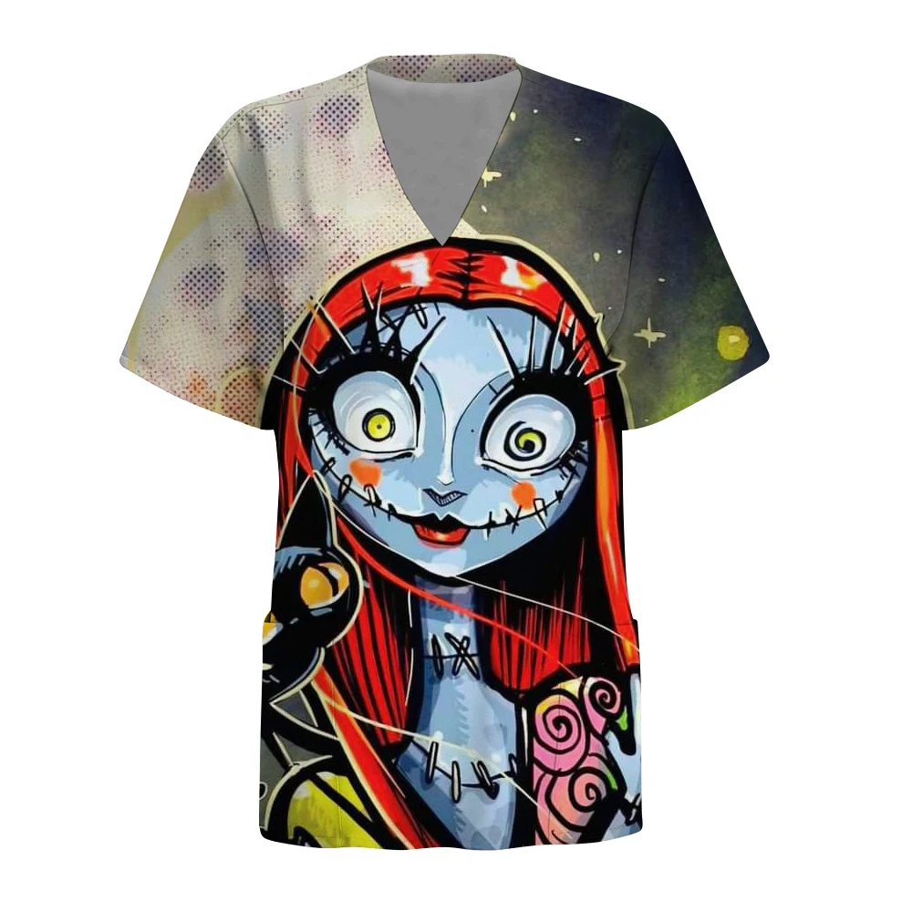Damska bluzka pielęgniarska Disney Miasteczko Halloween Moda damska Casualowa bluzka z nadrukiem Strój roboczy ochronny Odzież medyczna